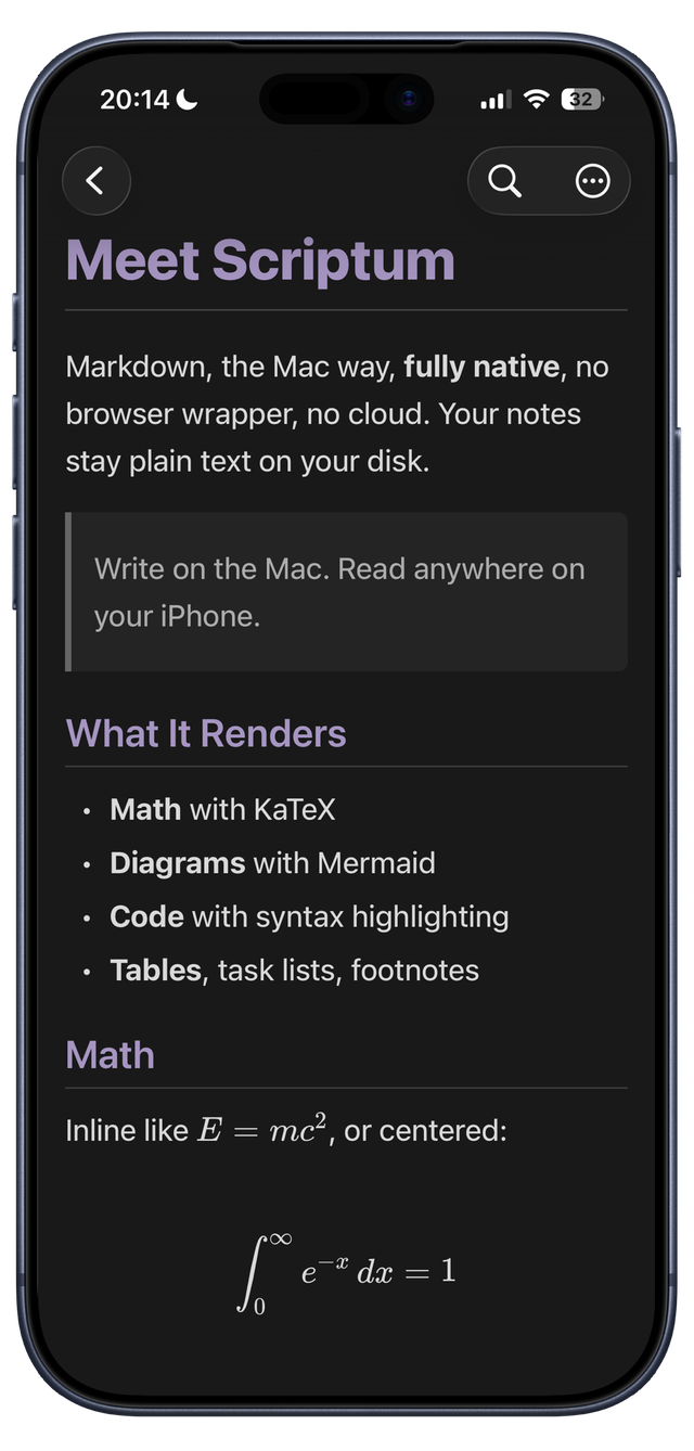 Scriptum on iPhone showing a rendered Markdown document with typeset math