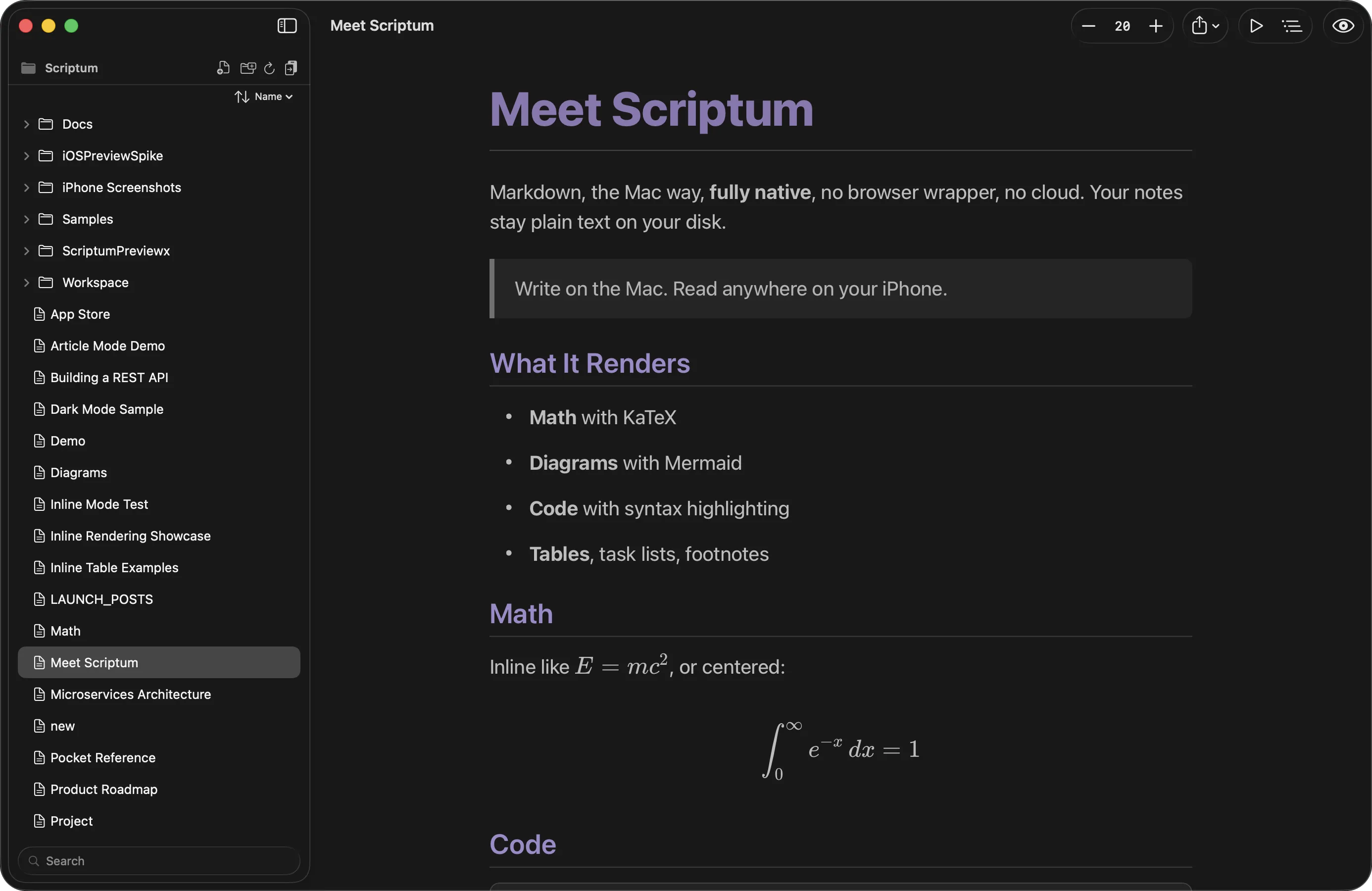 Scriptum, split view with live preview and Markdown editor