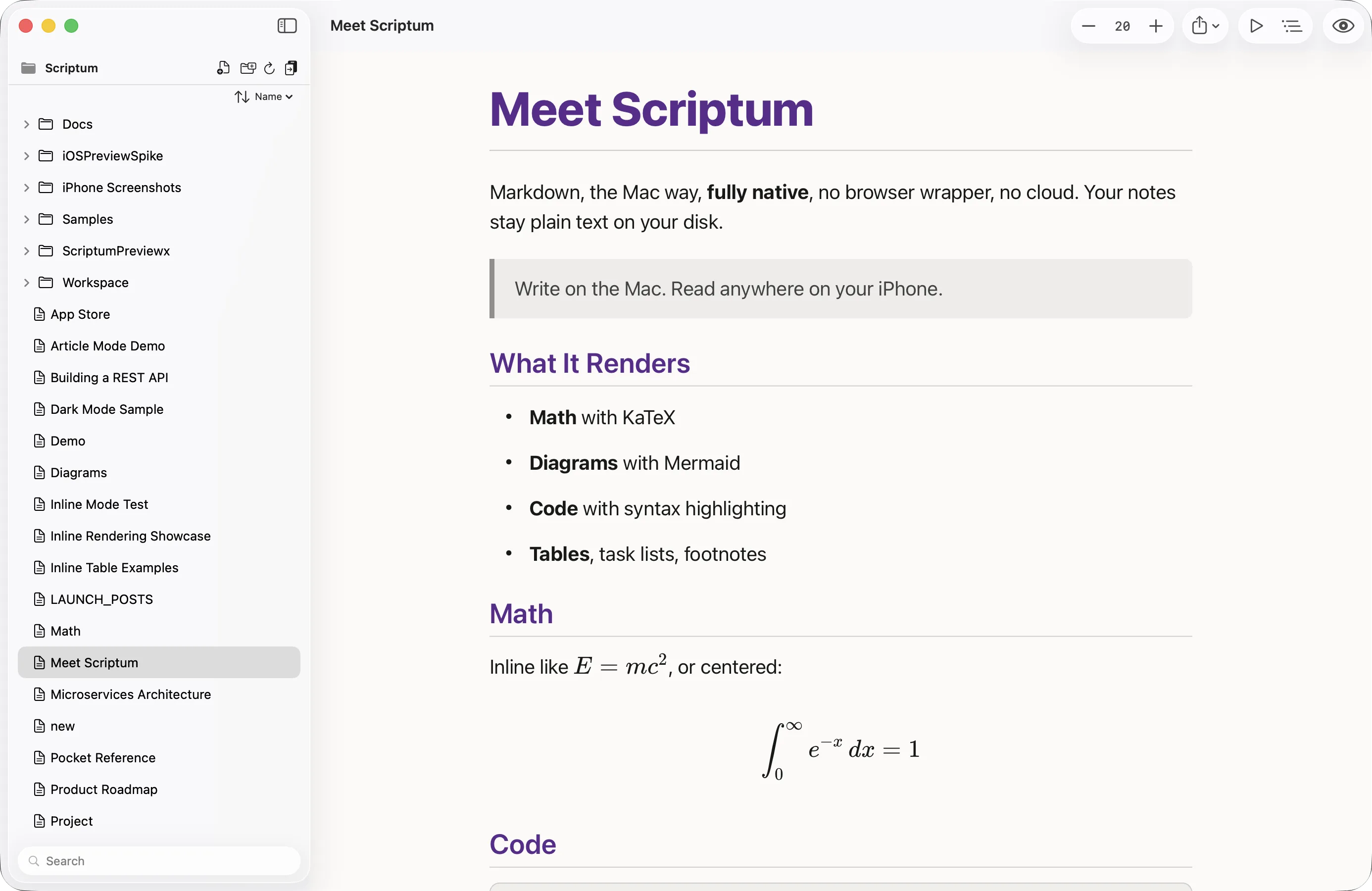 Scriptum, split view with live preview and Markdown editor